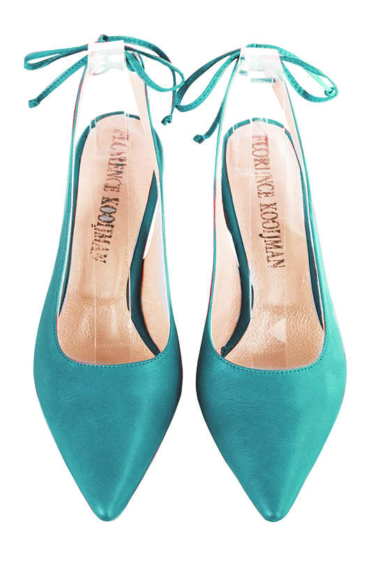 Turquoise blue women's slingback shoes. Pointed toe. Medium slim heel. Top view - Florence KOOIJMAN